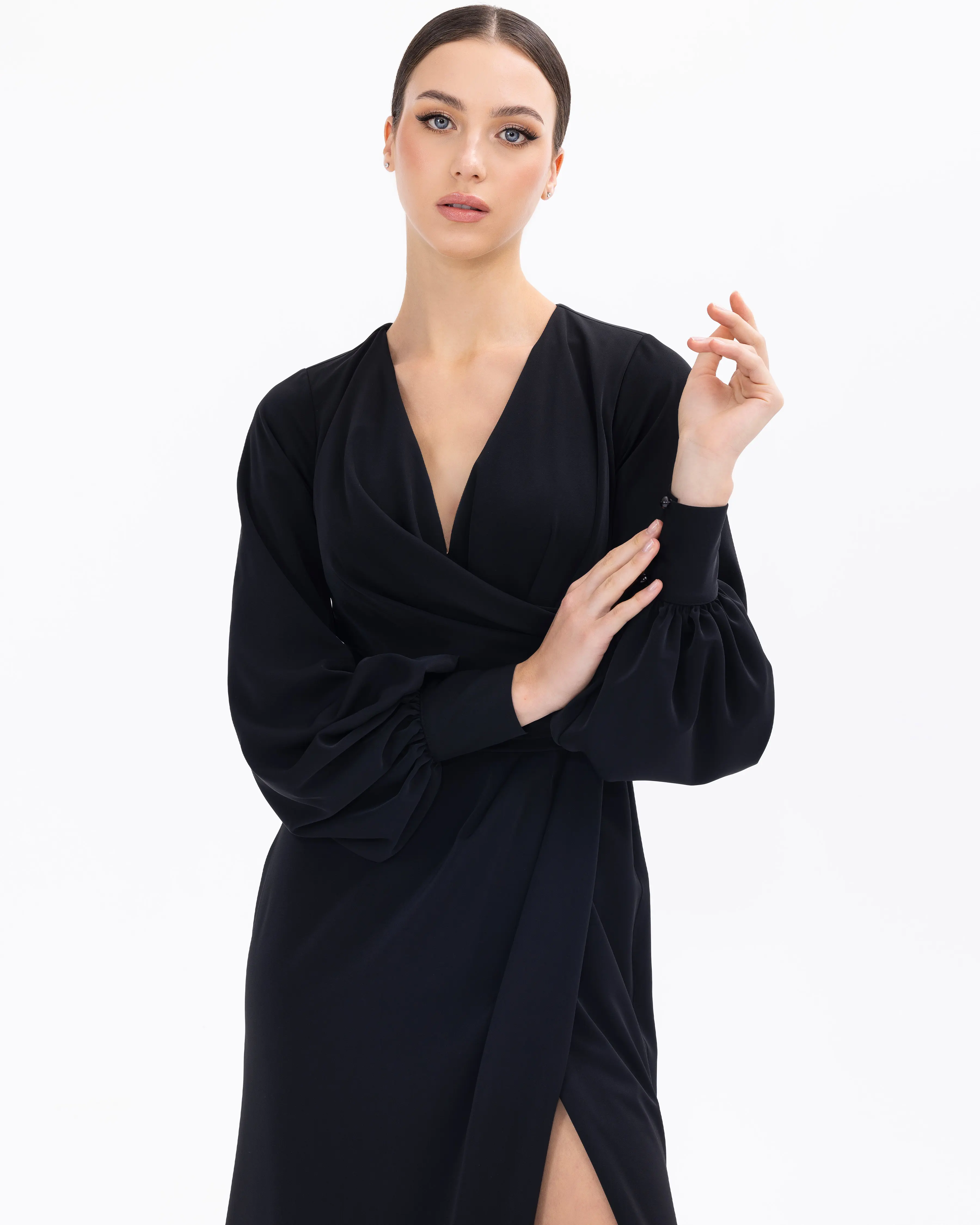 Draped Double-breasted Collar Midi Length Evening Dress