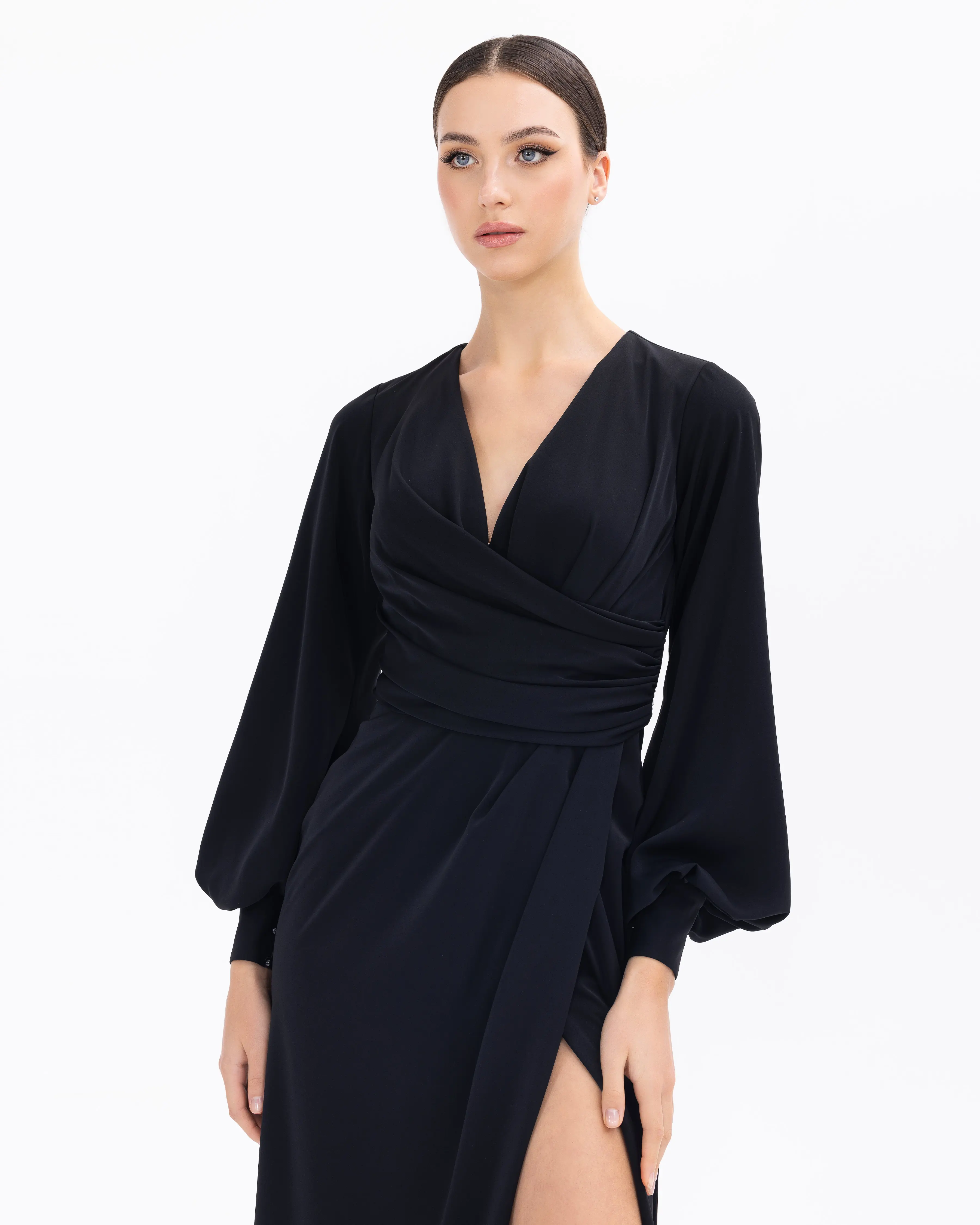 Draped Double-breasted Collar Midi Length Evening Dress