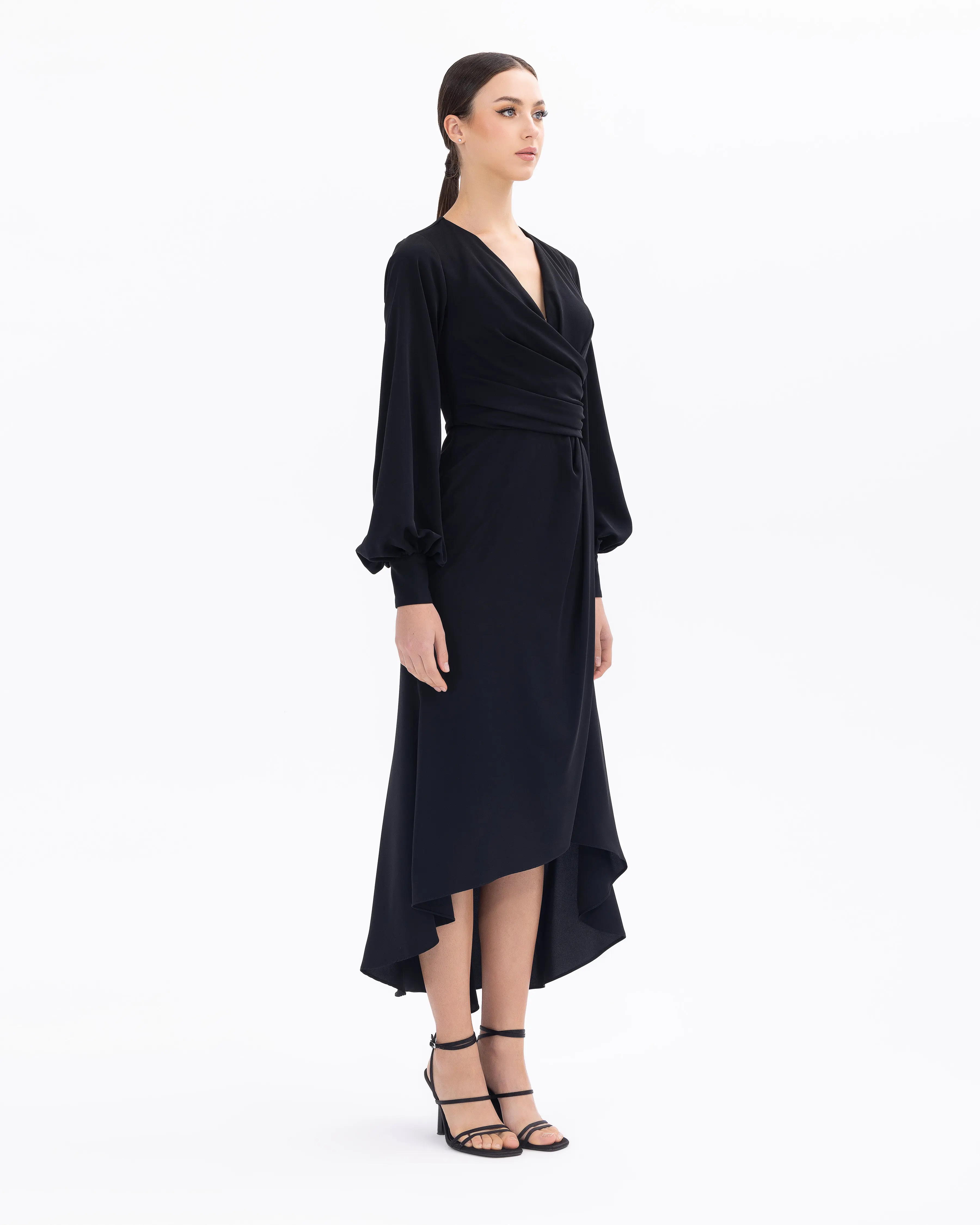 Draped Double-breasted Collar Midi Length Evening Dress