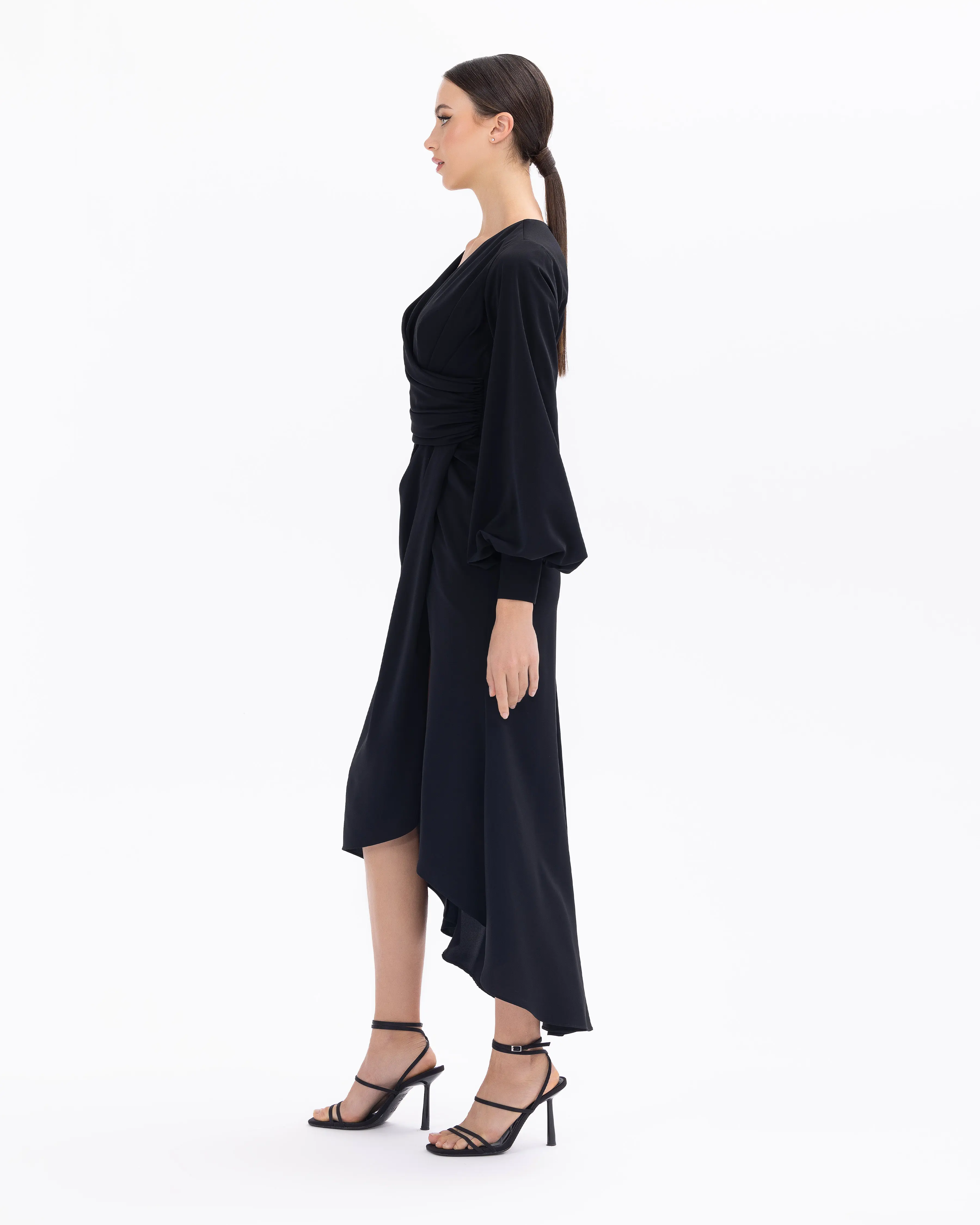 Draped Double-breasted Collar Midi Length Evening Dress