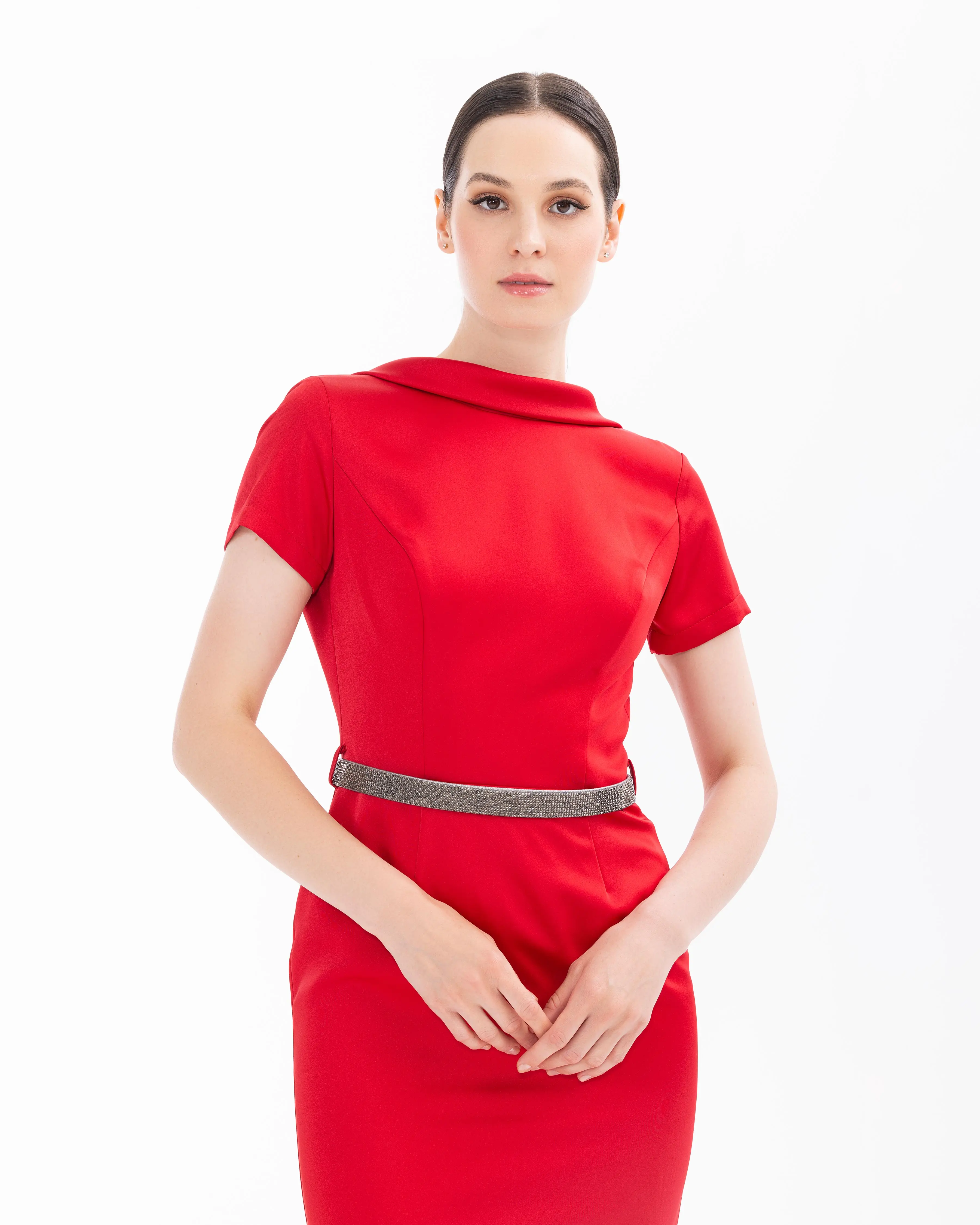 Back Decollete Narrow Form Evening Dress with Stone Belt