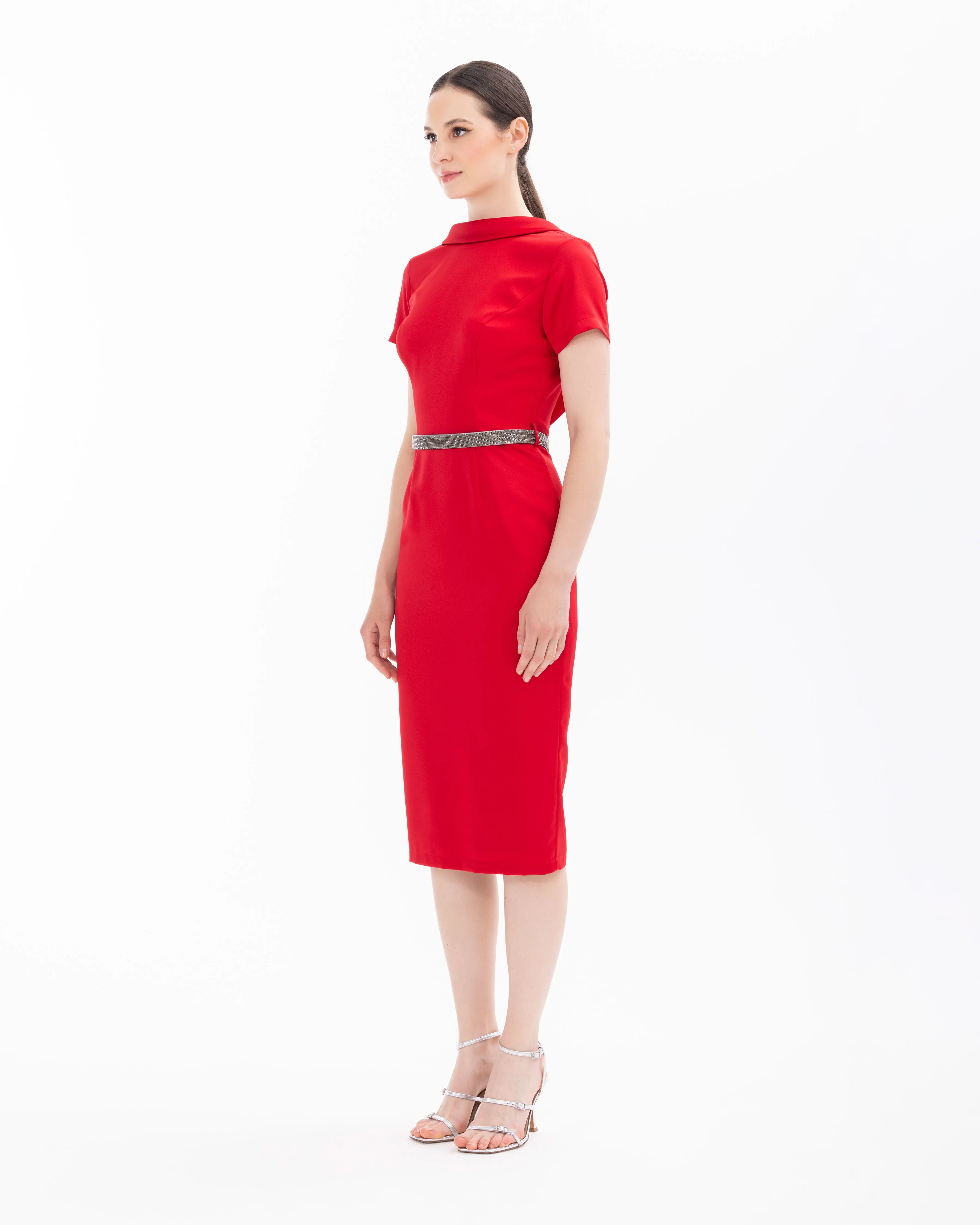 Back Decollete Narrow Form Evening Dress with Stone Belt
