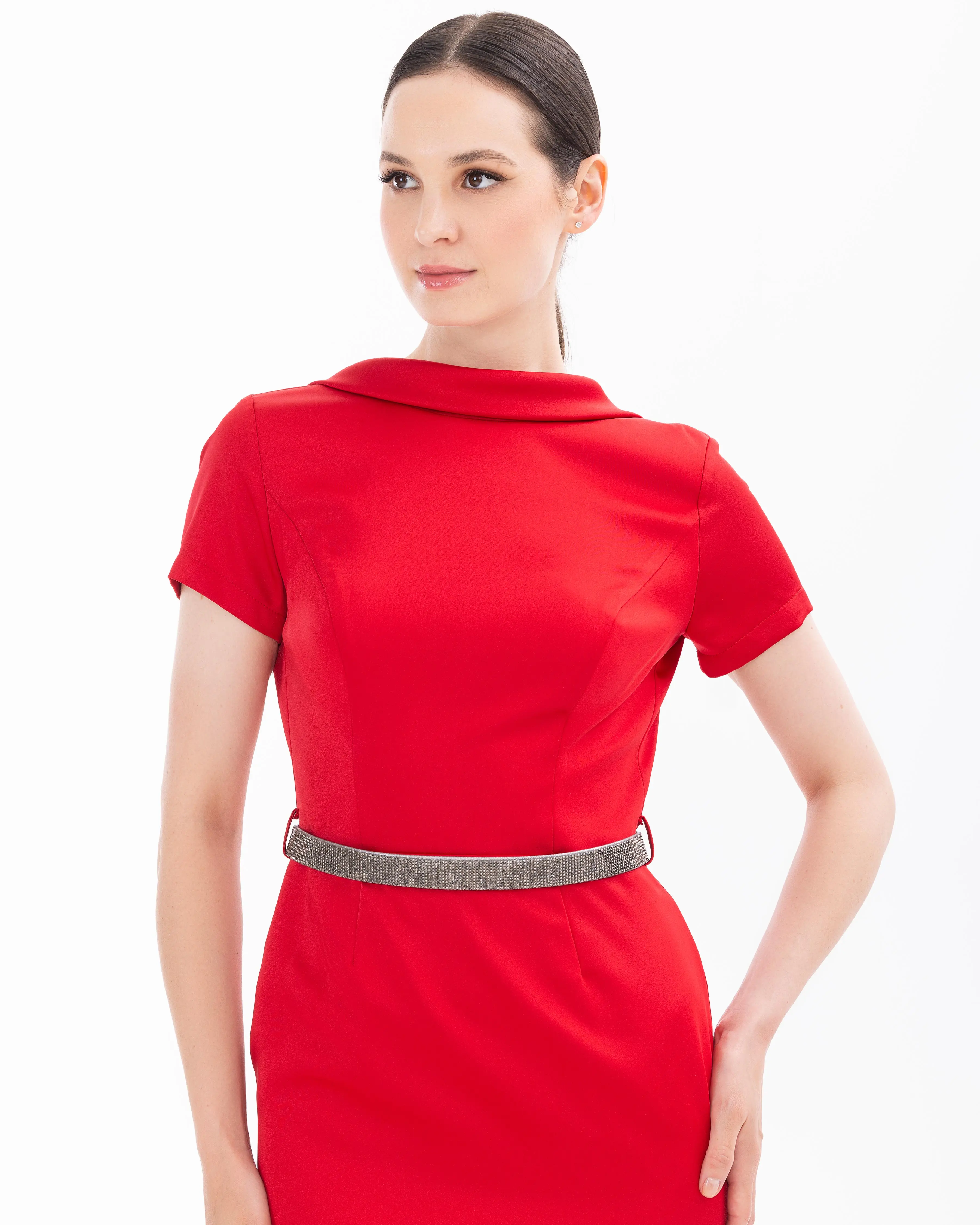Back Decollete Narrow Form Evening Dress with Stone Belt