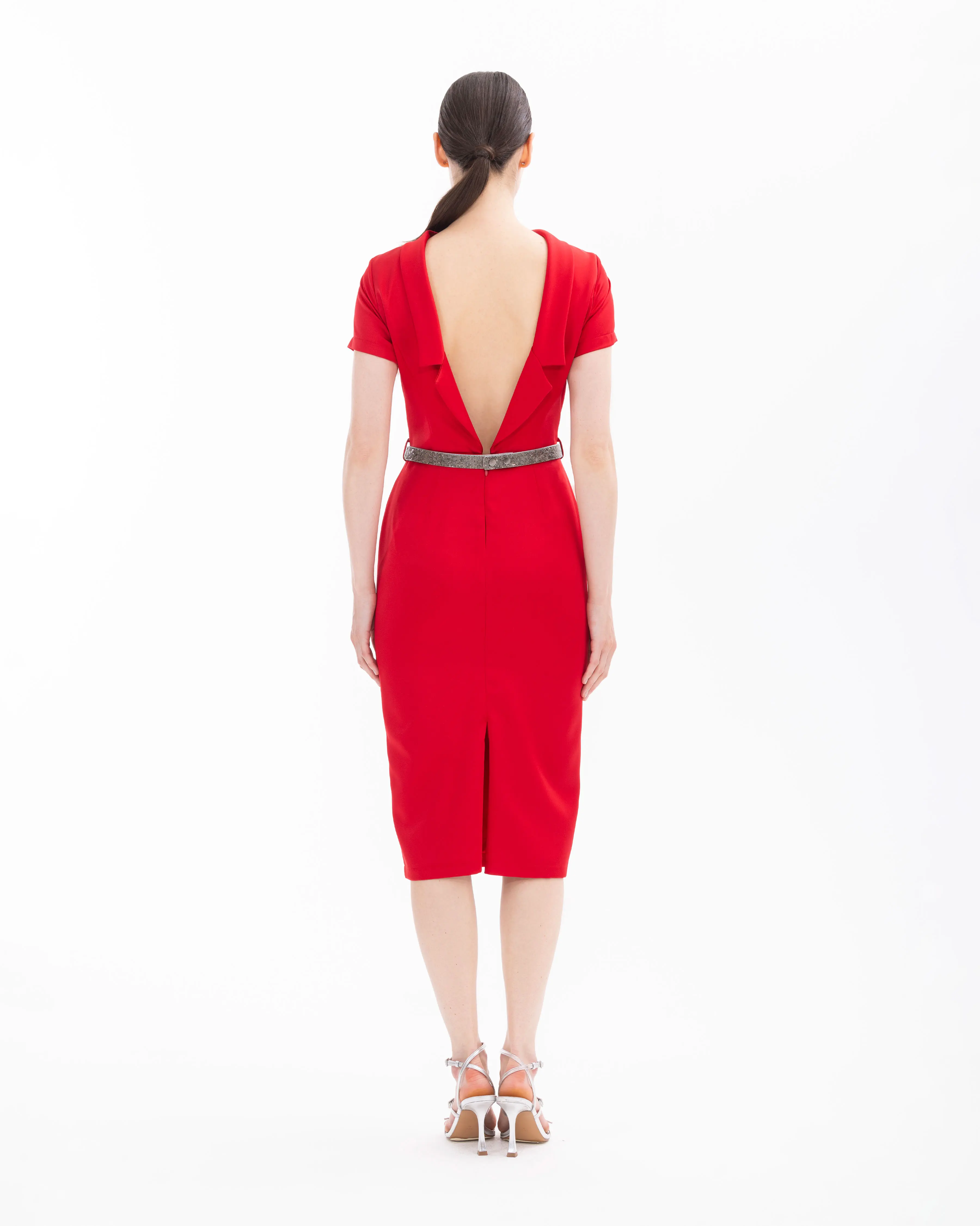 Back Decollete Narrow Form Evening Dress with Stone Belt