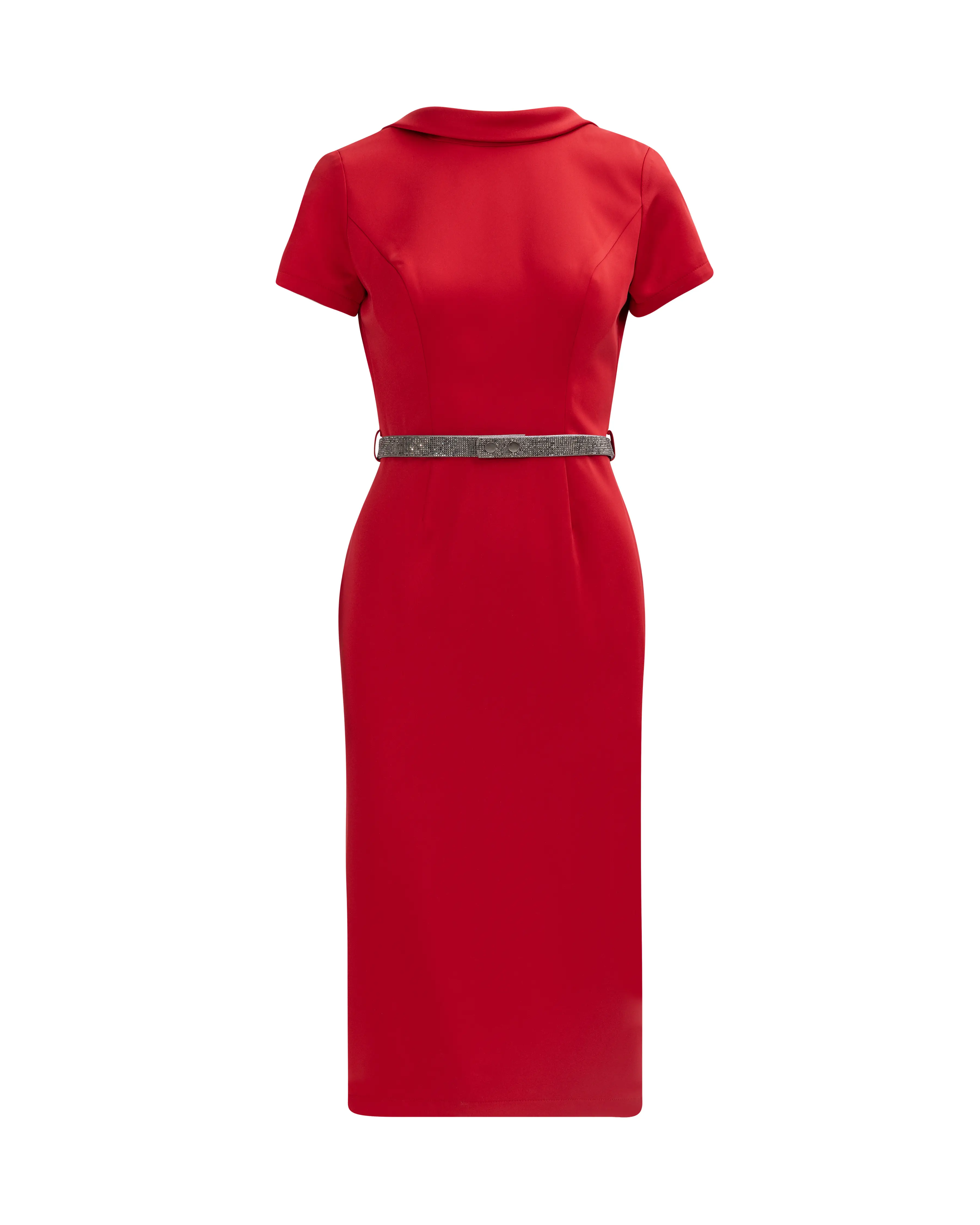 Back Decollete Narrow Form Evening Dress with Stone Belt