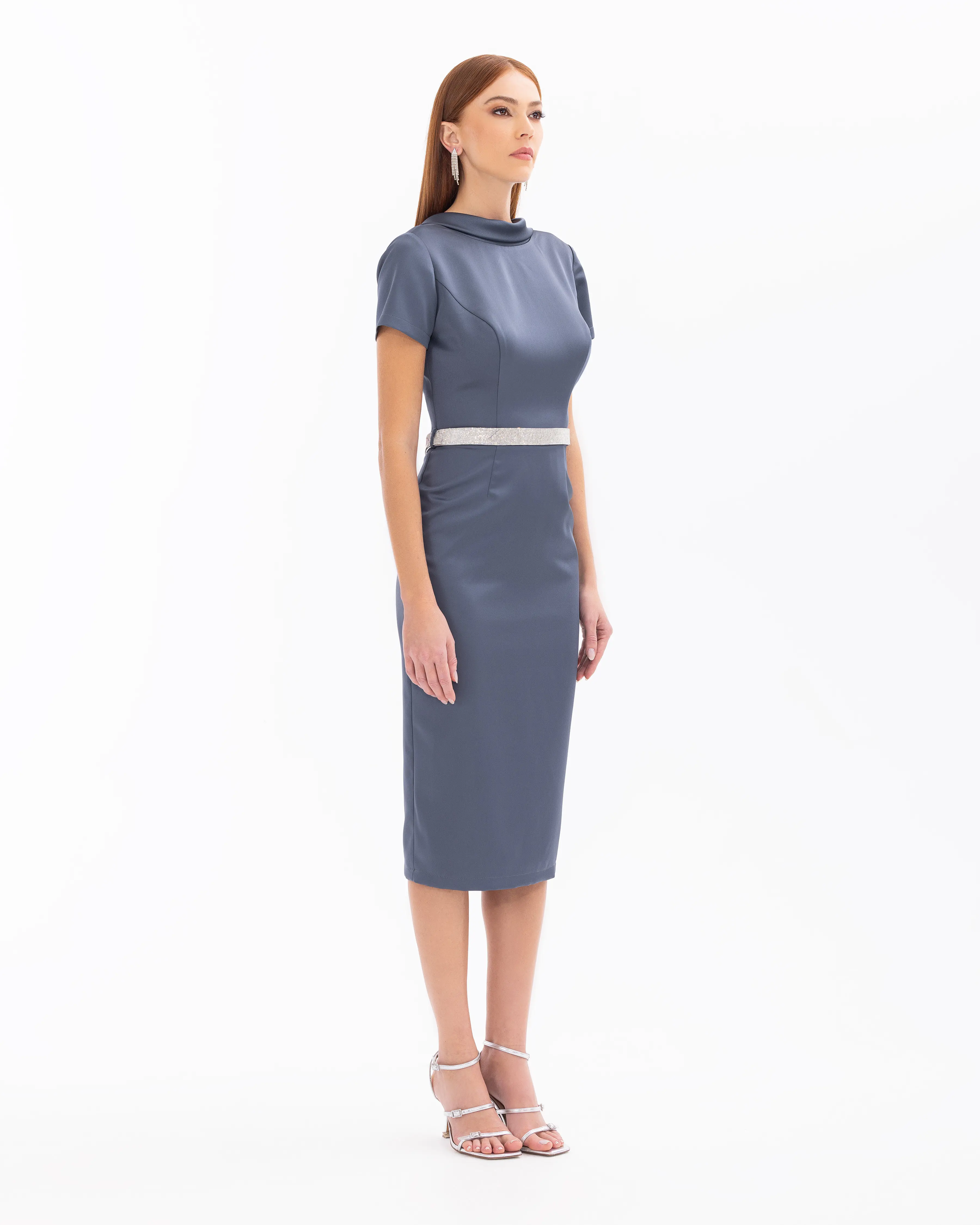 Back Decollete Narrow Form Evening Dress with Stone Belt