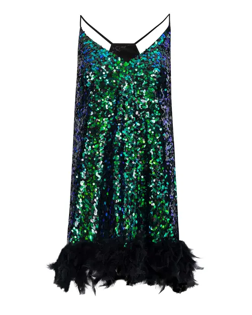 Sequin Halter Neck Feather Detailed Mini Evening Dress - Ilmio